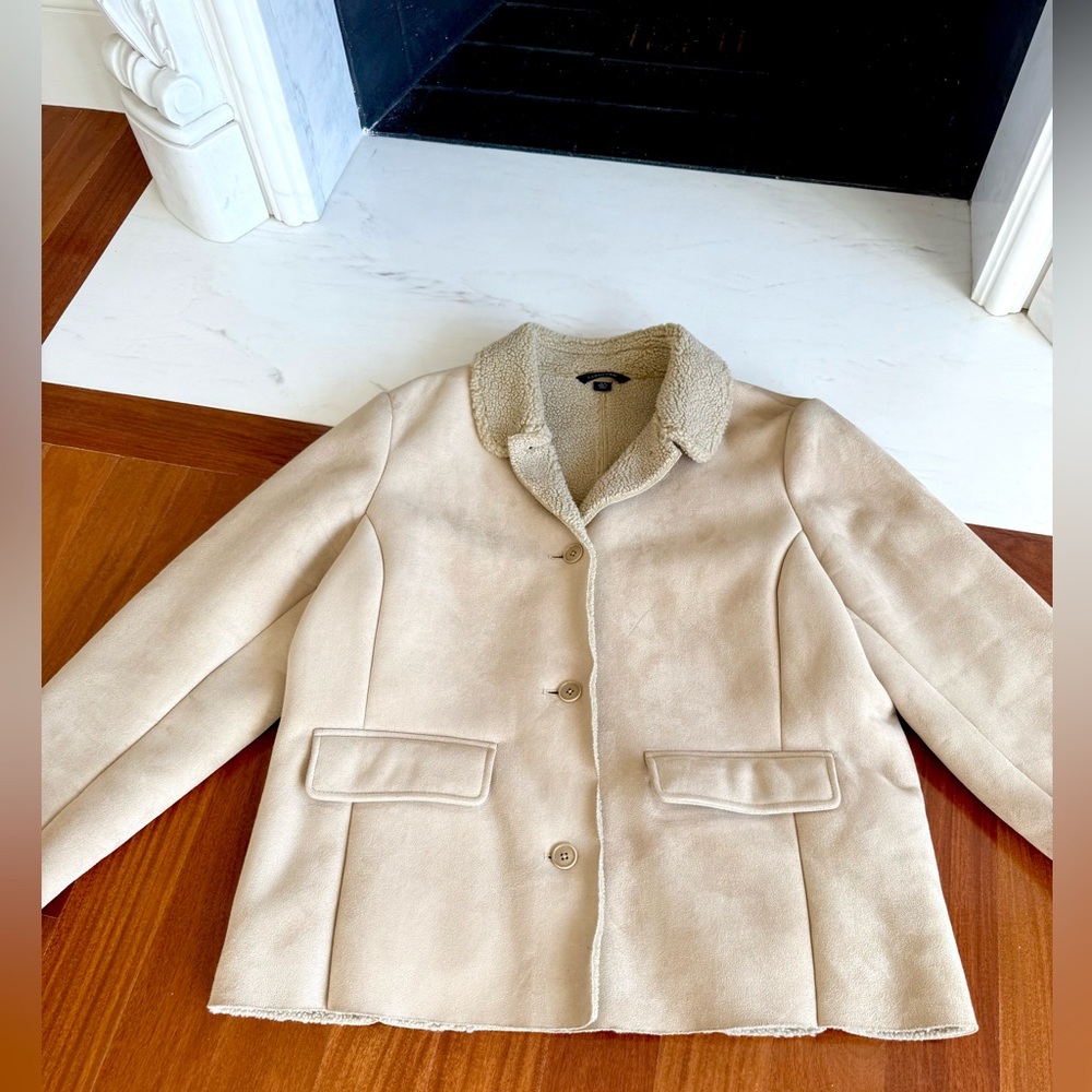 Women's Suede Sherpa Coat Jacket Lands End Cream FAUX Shearling Pea Coat Size L - Picture 1 of 16